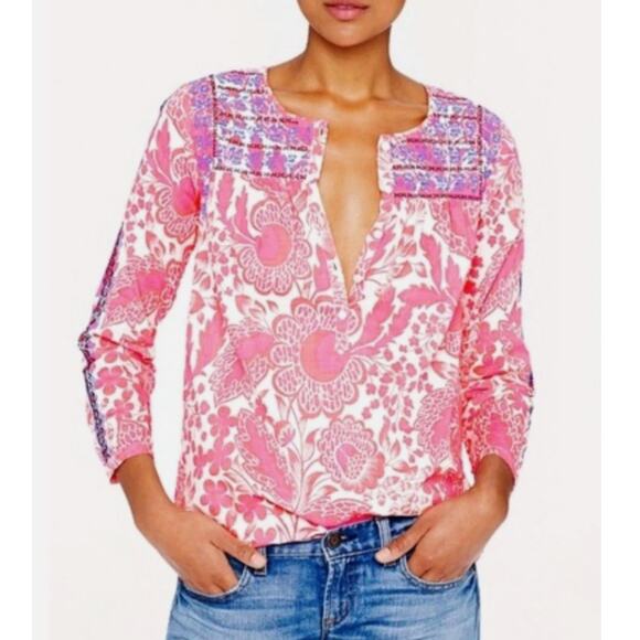 J. Crew Embroidered Cotton Popover Top Pink Floral 3/4 Sleeve Size 00 - Picture 1 of 10